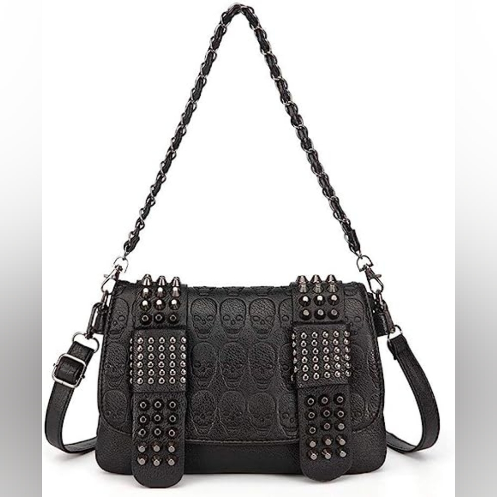 Punk Skull Shoulder Top-Handle Bag Rivet Purse Handbag Chain Satchel Tote